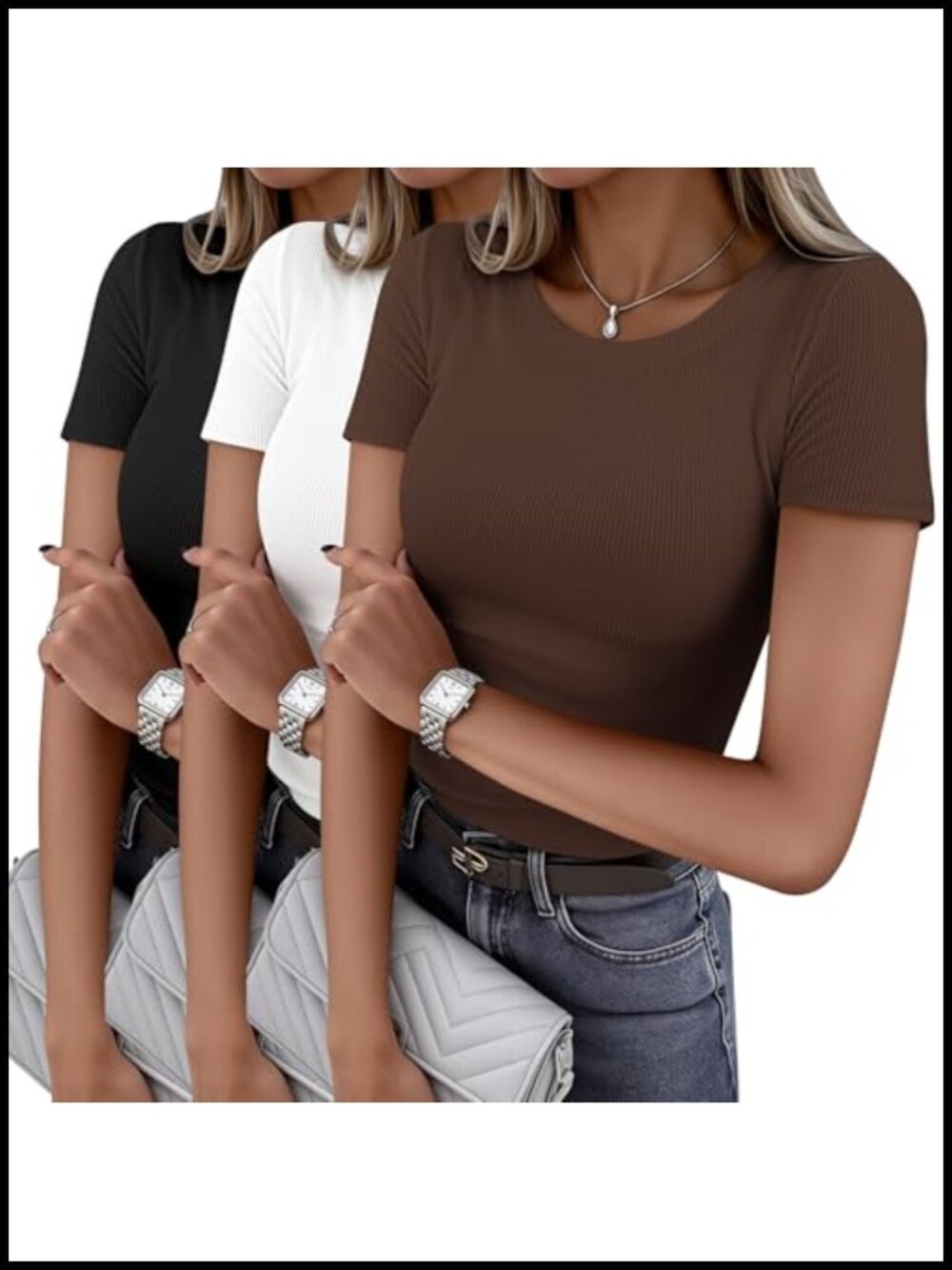 3 Pack Women Short Sleeve Shirts Slim Fit Ribbed Crew Neck Tops